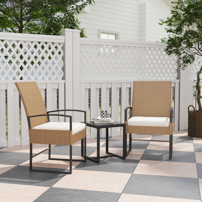 3-Piece Outdoor Garden Set with Adjustable Backrest, Set of 2 Chairs and Rattan Table with Padded Cushions and Tempered Glass Top for Balcony Terrace Beige and White
