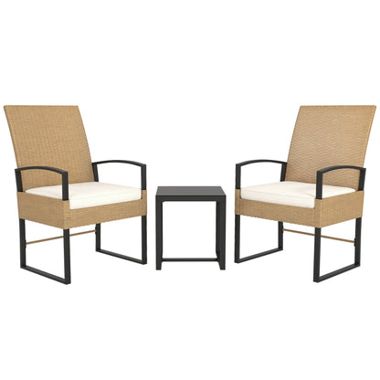 3-Piece Outdoor Garden Set with Adjustable Backrest, Set of 2 Chairs and Rattan Table with Padded Cushions and Tempered Glass Top for Balcony Terrace Beige and White