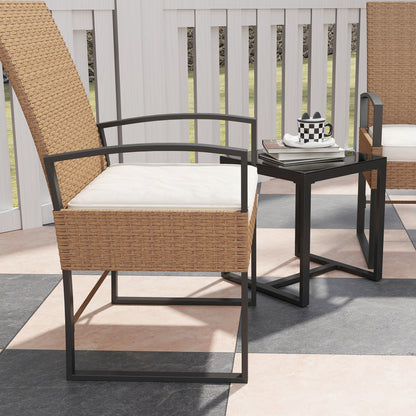 3-Piece Outdoor Garden Set with Adjustable Backrest, Set of 2 Chairs and Rattan Table with Padded Cushions and Tempered Glass Top for Balcony Terrace Beige and White