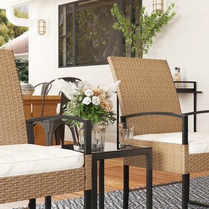3-Piece Outdoor Garden Set with Adjustable Backrest, Set of 2 Chairs and Rattan Table with Padded Cushions and Tempered Glass Top for Balcony Terrace Beige and White