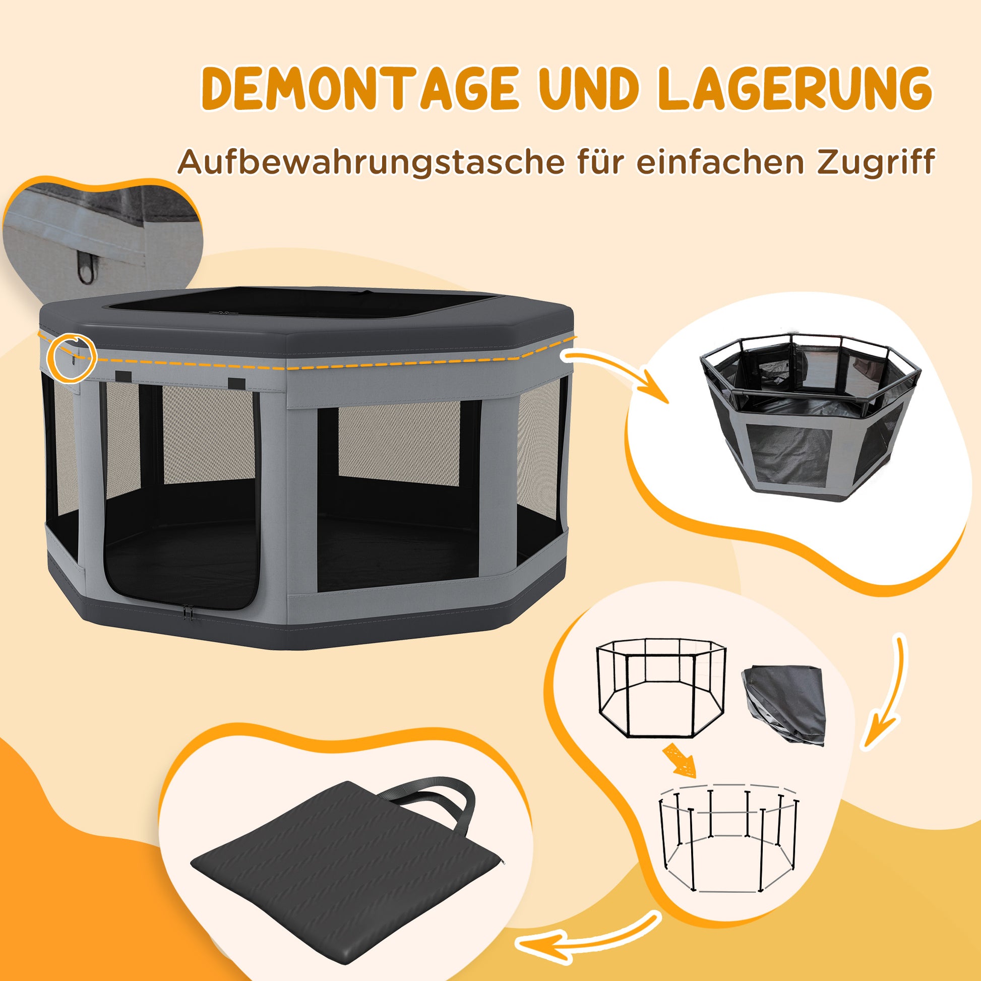 Puppy Playpen Puppy Playpen with Carrying Bag, Octagonal Pet Playpen with Mesh Window, for Small Animals, Oxford, Grey