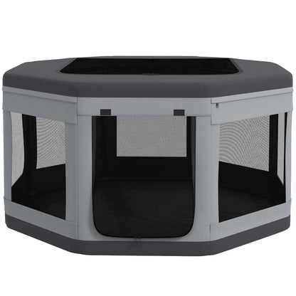 Puppy Playpen Puppy Playpen with Carrying Bag, Octagonal Pet Playpen with Mesh Window, for Small Animals, Oxford, Grey