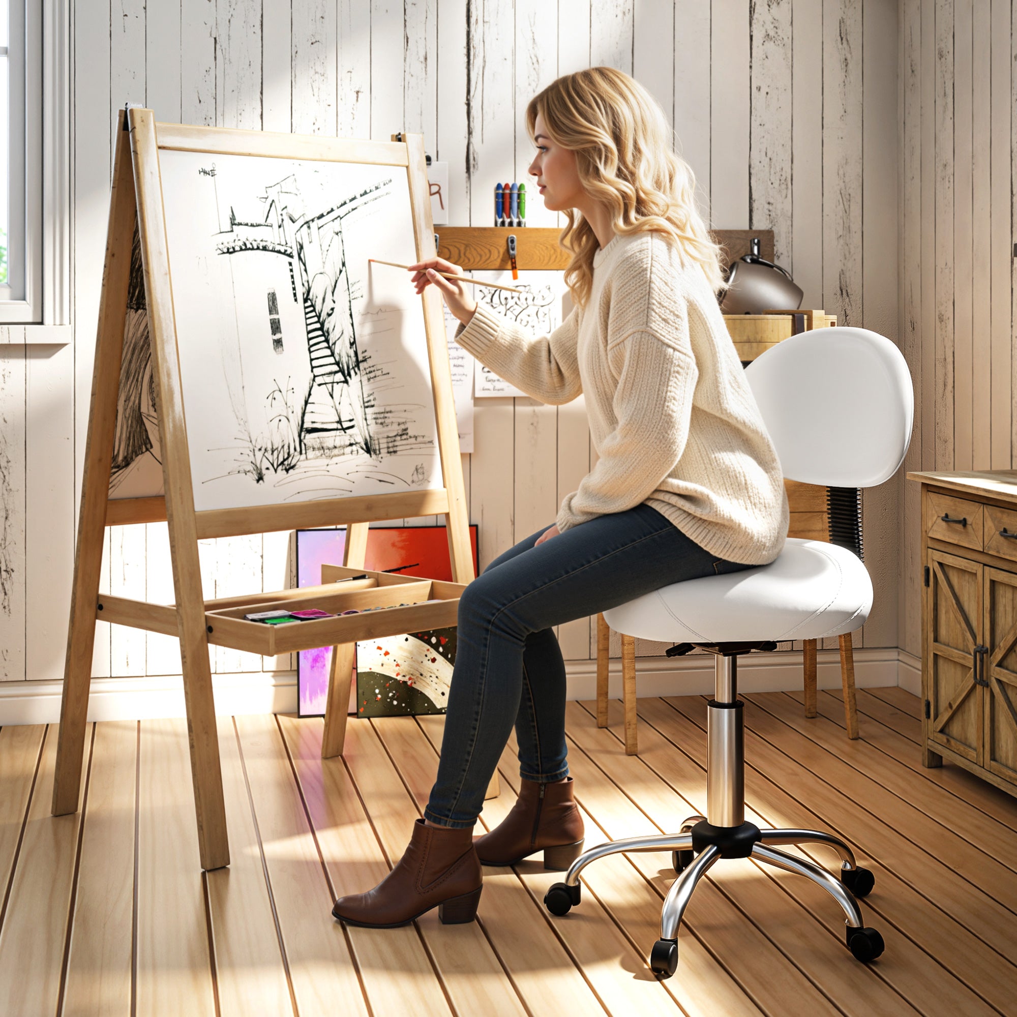 Adjustable Rolling Swivel Stool with Removable Back — Height 32.7–38.6 in | White Faux Leather