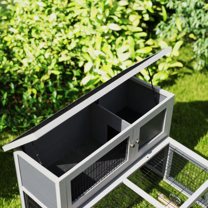 Rabbit Hutch 2 Levels with Foldable Roof Rabbit Cage made of Solid Wood Winterproof Double-story House with Exercise Pen 122x95x93.5 cm Outdoor Small Animal Shelter for Rabbits Gray