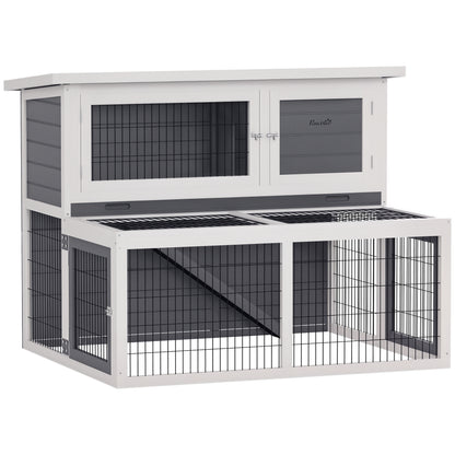 Rabbit Hutch 2 Levels with Foldable Roof Rabbit Cage made of Solid Wood Winterproof Double-story House with Exercise Pen 122x95x93.5 cm Outdoor Small Animal Shelter for Rabbits Gray