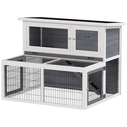 Rabbit Hutch 2 Levels with Foldable Roof Rabbit Cage made of Solid Wood Winterproof Double-story House with Exercise Pen 122x95x93.5 cm Outdoor Small Animal Shelter for Rabbits Gray