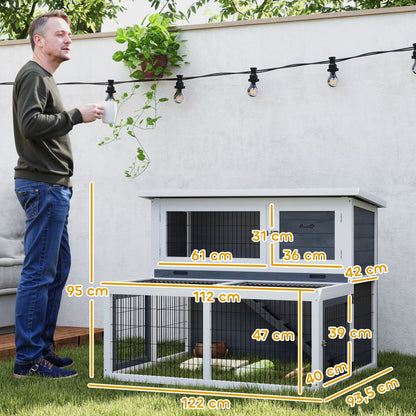 Rabbit Hutch 2 Levels with Foldable Roof Rabbit Cage made of Solid Wood Winterproof Double-story House with Exercise Pen 122x95x93.5 cm Outdoor Small Animal Shelter for Rabbits Gray
