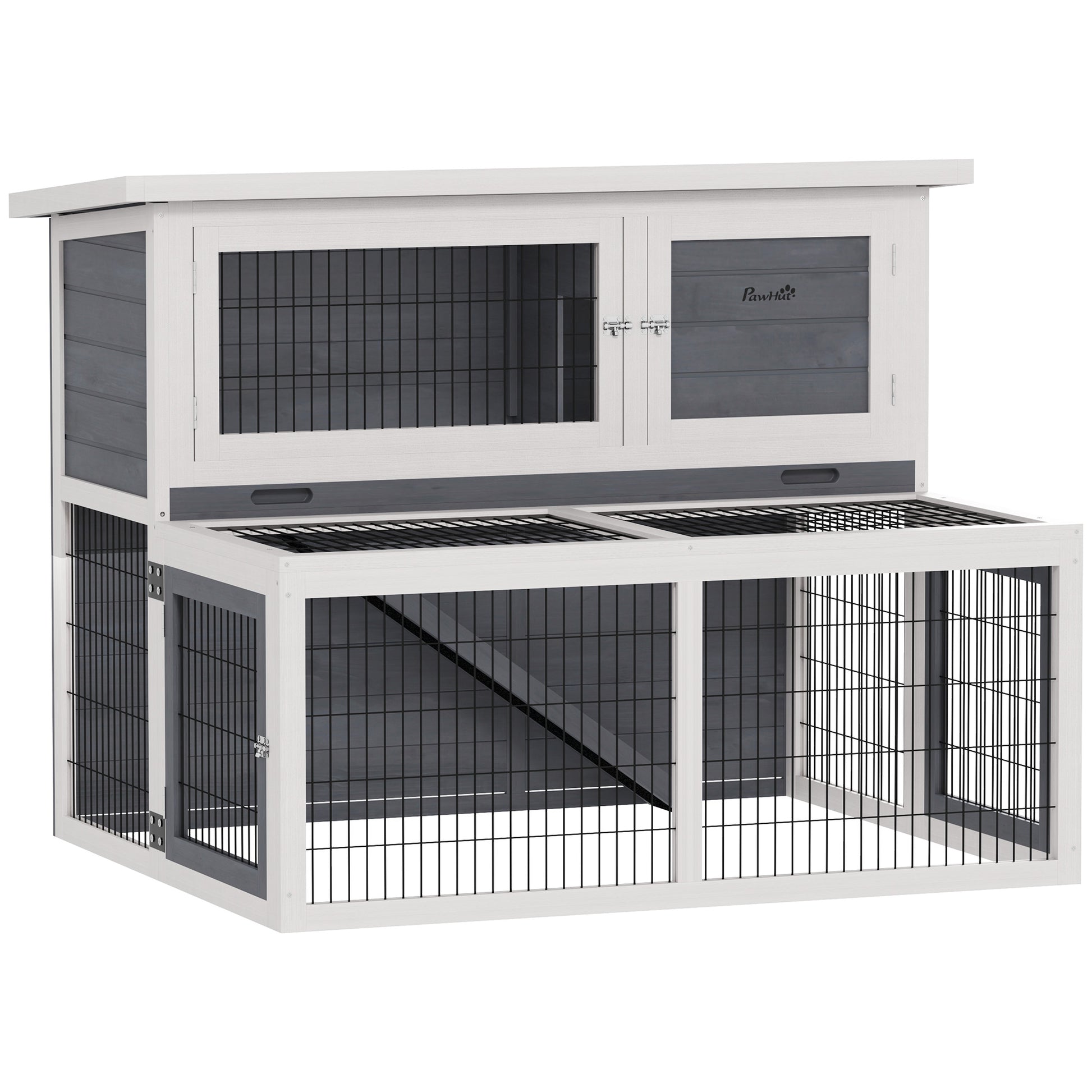 Rabbit Hutch 2 Levels with Foldable Roof Rabbit Cage made of Solid Wood Winterproof Double-story House with Exercise Pen 122x95x93.5 cm Outdoor Small Animal Shelter for Rabbits Gray