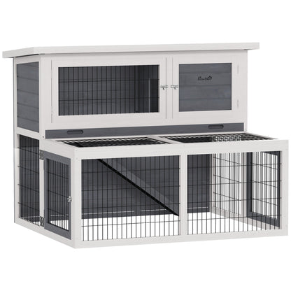 Rabbit Hutch 2 Levels with Foldable Roof Rabbit Cage made of Solid Wood Winterproof Double-story House with Exercise Pen 122x95x93.5 cm Outdoor Small Animal Shelter for Rabbits Gray