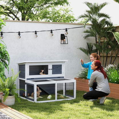 Rabbit Hutch 2 Levels with Foldable Roof Rabbit Cage made of Solid Wood Winterproof Double-story House with Exercise Pen 122x95x93.5 cm Outdoor Small Animal Shelter for Rabbits Gray