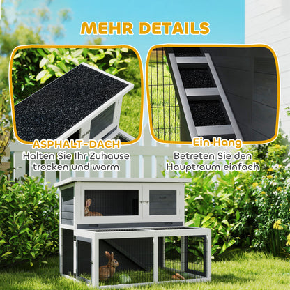 Rabbit Hutch 2 Levels with Foldable Roof Rabbit Cage made of Solid Wood Winterproof Double-story House with Exercise Pen 122x95x93.5 cm Outdoor Small Animal Shelter for Rabbits Gray