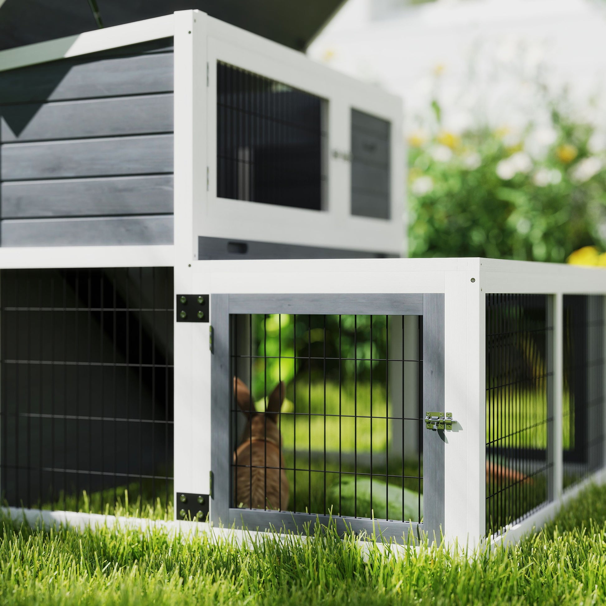 Rabbit Hutch 2 Levels with Foldable Roof Rabbit Cage made of Solid Wood Winterproof Double-story House with Exercise Pen 122x95x93.5 cm Outdoor Small Animal Shelter for Rabbits Gray