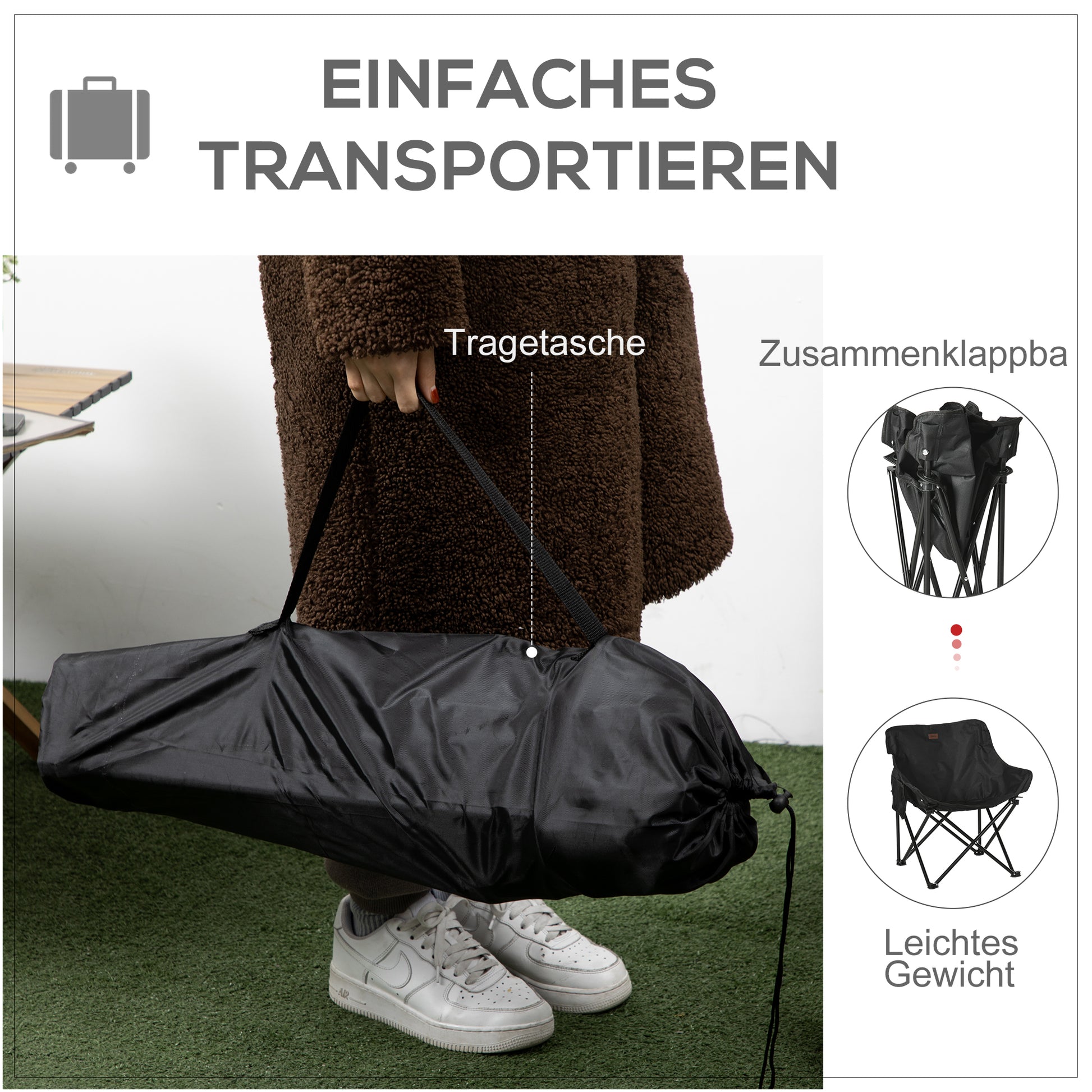 Camping Chair Foldable Garden Chair with Side Pocket, Steel Legs, Folding Chair with Carry Bag for Pool, Beach, Oxford, Black