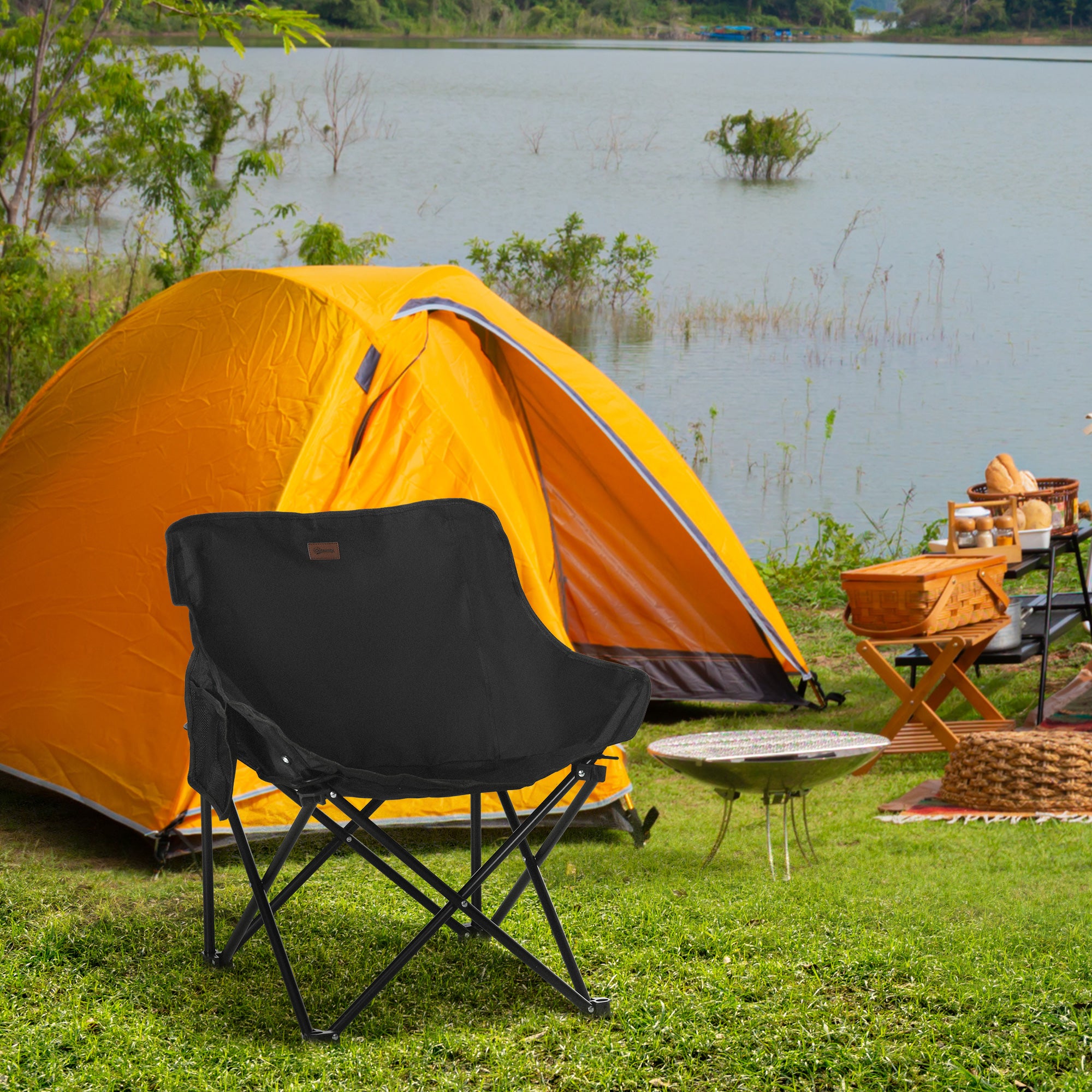 Camping Chair Foldable Garden Chair with Side Pocket, Steel Legs, Folding Chair with Carry Bag for Pool, Beach, Oxford, Black