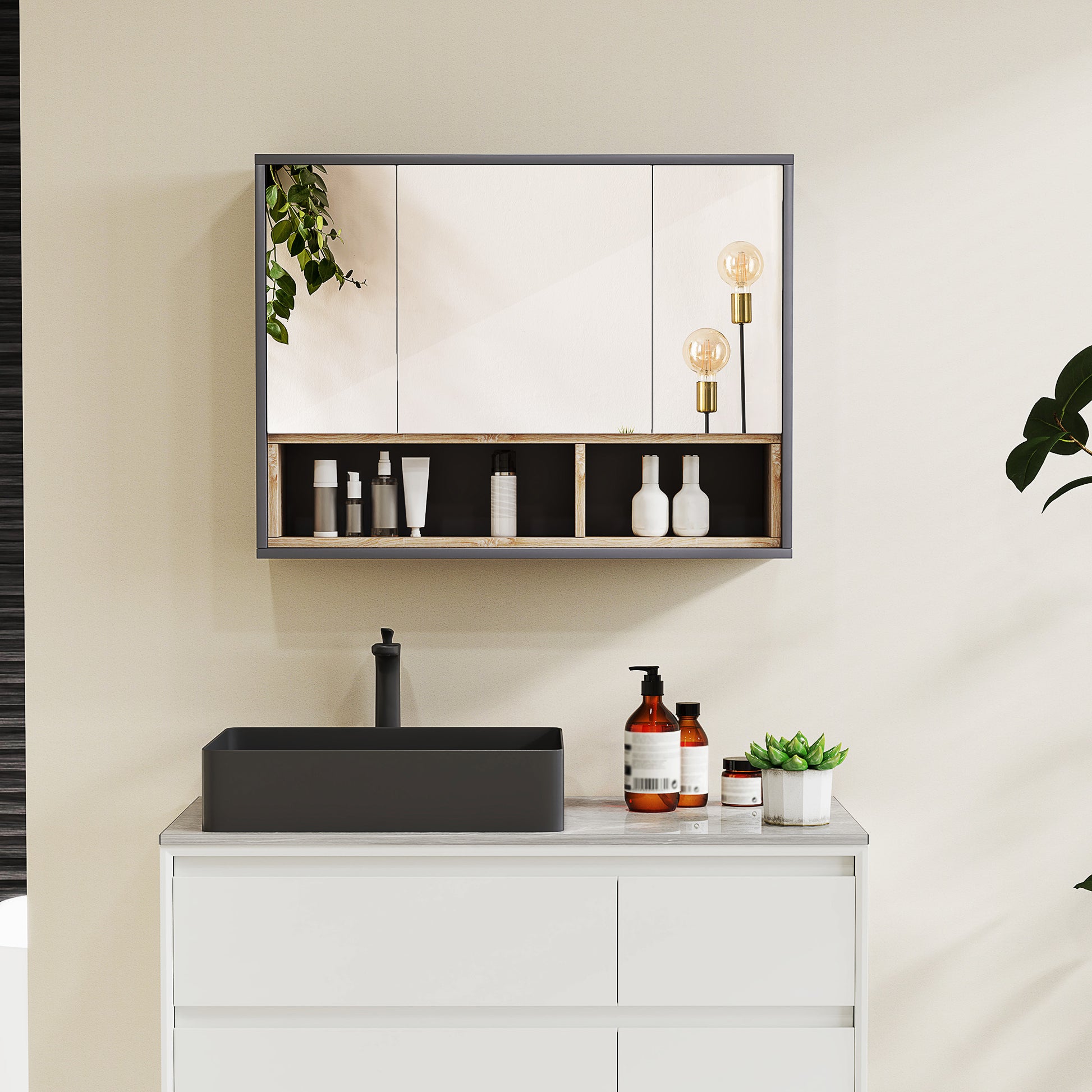 Wall Cabinet, bathroom furniture with mirrored hanging cabinet, bathroom mirror with storage, 3-door cabinets and 8 compartments, dim. 80L x 20W x 60H cm, gray