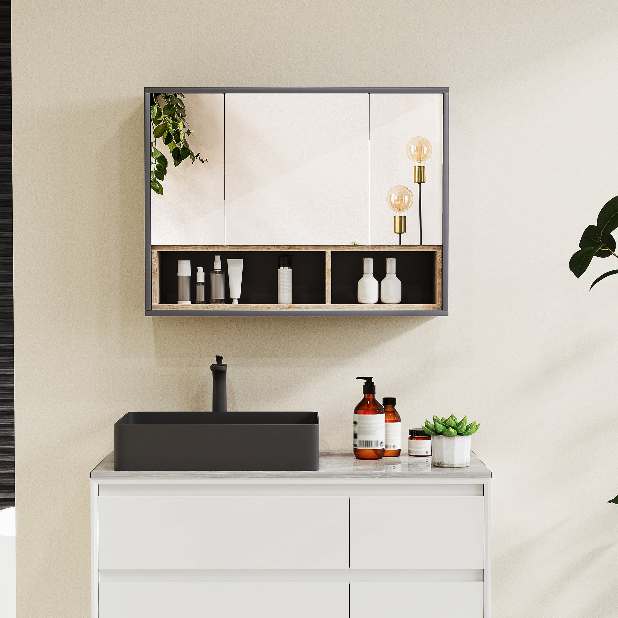 Wall Cabinet, bathroom furniture with mirrored hanging cabinet, bathroom mirror with storage, 3-door cabinets and 8 compartments, dim. 80L x 20W x 60H cm, gray
