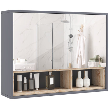 Wall Cabinet, bathroom furniture with mirrored hanging cabinet, bathroom mirror with storage, 3-door cabinets and 8 compartments, dim. 80L x 20W x 60H cm, gray