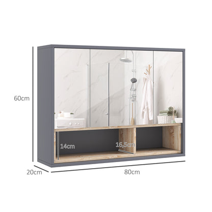 Wall Cabinet, bathroom furniture with mirrored hanging cabinet, bathroom mirror with storage, 3-door cabinets and 8 compartments, dim. 80L x 20W x 60H cm, gray