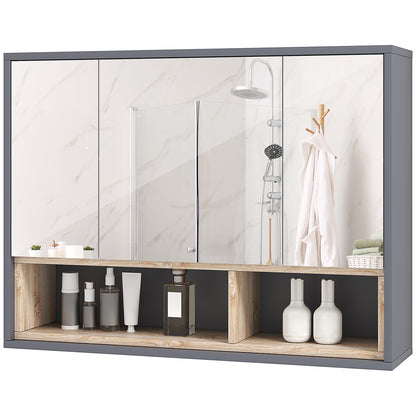 Wall Cabinet, bathroom furniture with mirrored hanging cabinet, bathroom mirror with storage, 3-door cabinets and 8 compartments, dim. 80L x 20W x 60H cm, gray