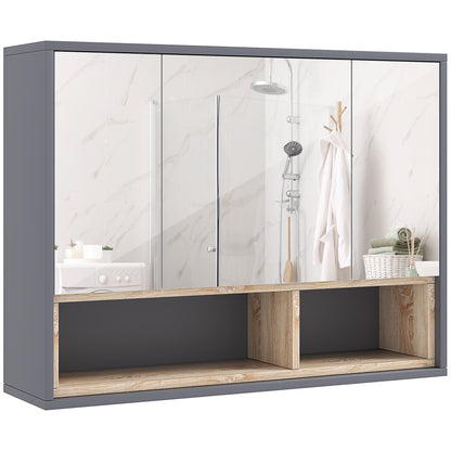 Wall Cabinet, bathroom furniture with mirrored hanging cabinet, bathroom mirror with storage, 3-door cabinets and 8 compartments, dim. 80L x 20W x 60H cm, gray