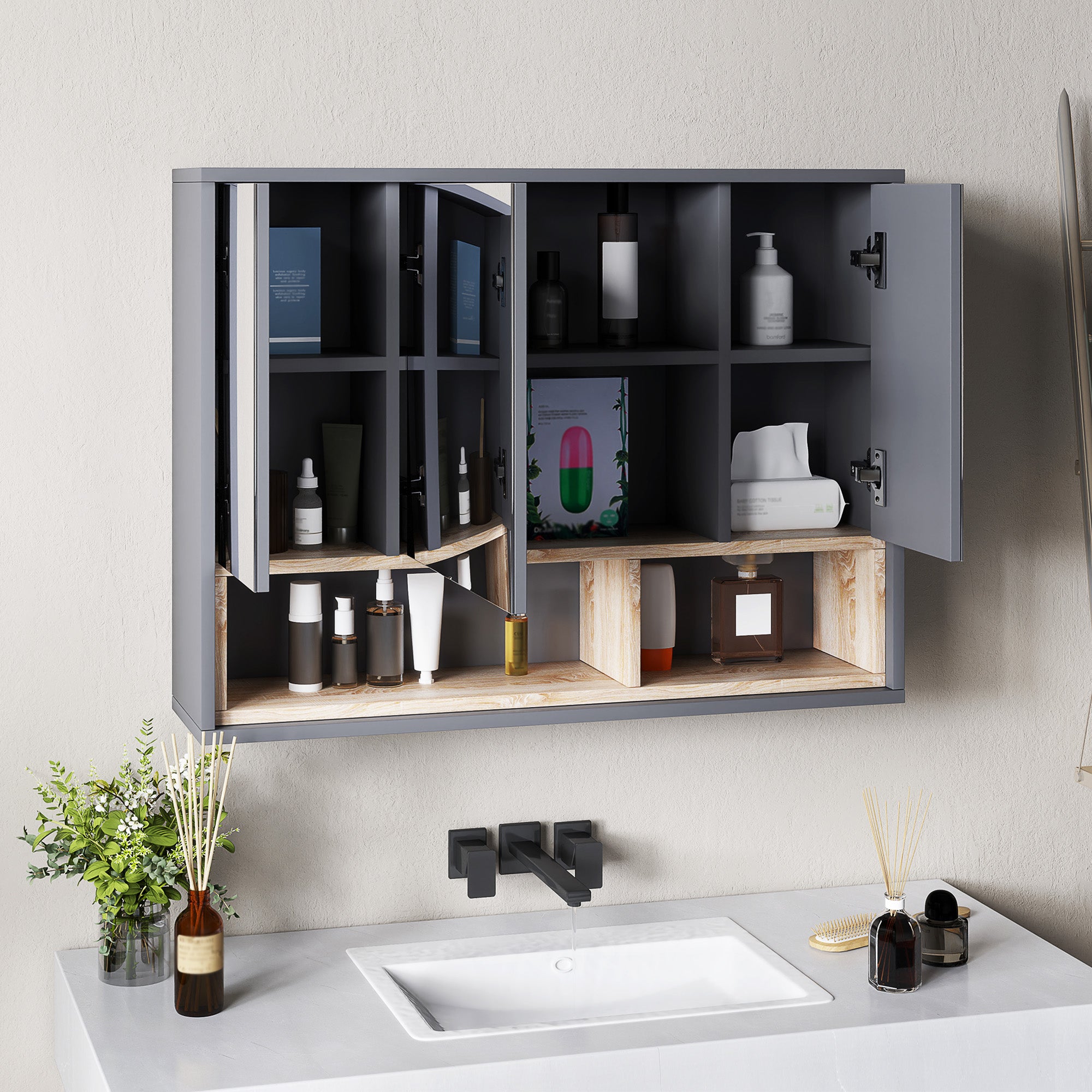 Wall Cabinet, bathroom furniture with mirrored hanging cabinet, bathroom mirror with storage, 3-door cabinets and 8 compartments, dim. 80L x 20W x 60H cm, gray