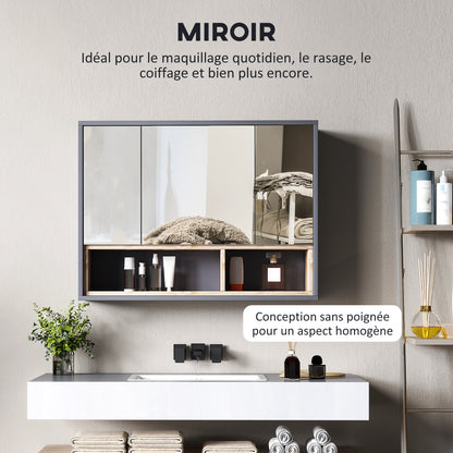 Wall Cabinet, bathroom furniture with mirrored hanging cabinet, bathroom mirror with storage, 3-door cabinets and 8 compartments, dim. 80L x 20W x 60H cm, gray