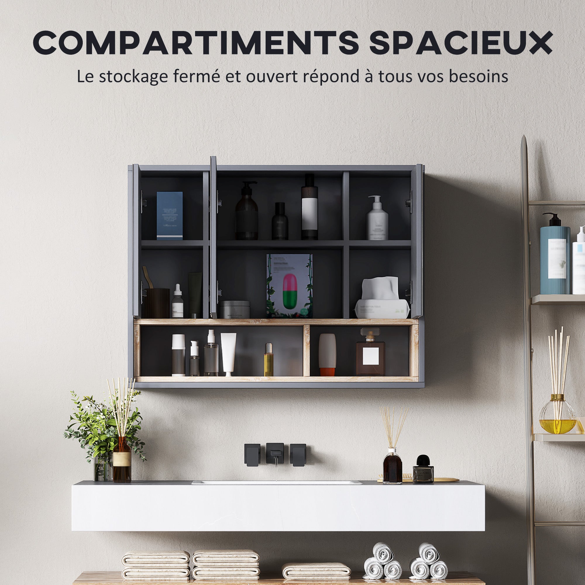 Wall Cabinet, bathroom furniture with mirrored hanging cabinet, bathroom mirror with storage, 3-door cabinets and 8 compartments, dim. 80L x 20W x 60H cm, gray