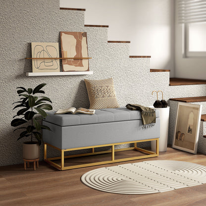 Storage Bench, Bed End, Storage Chest with Tufted Seat and Steel Legs, 110 x 44 x 48 cm, Gray and Gold