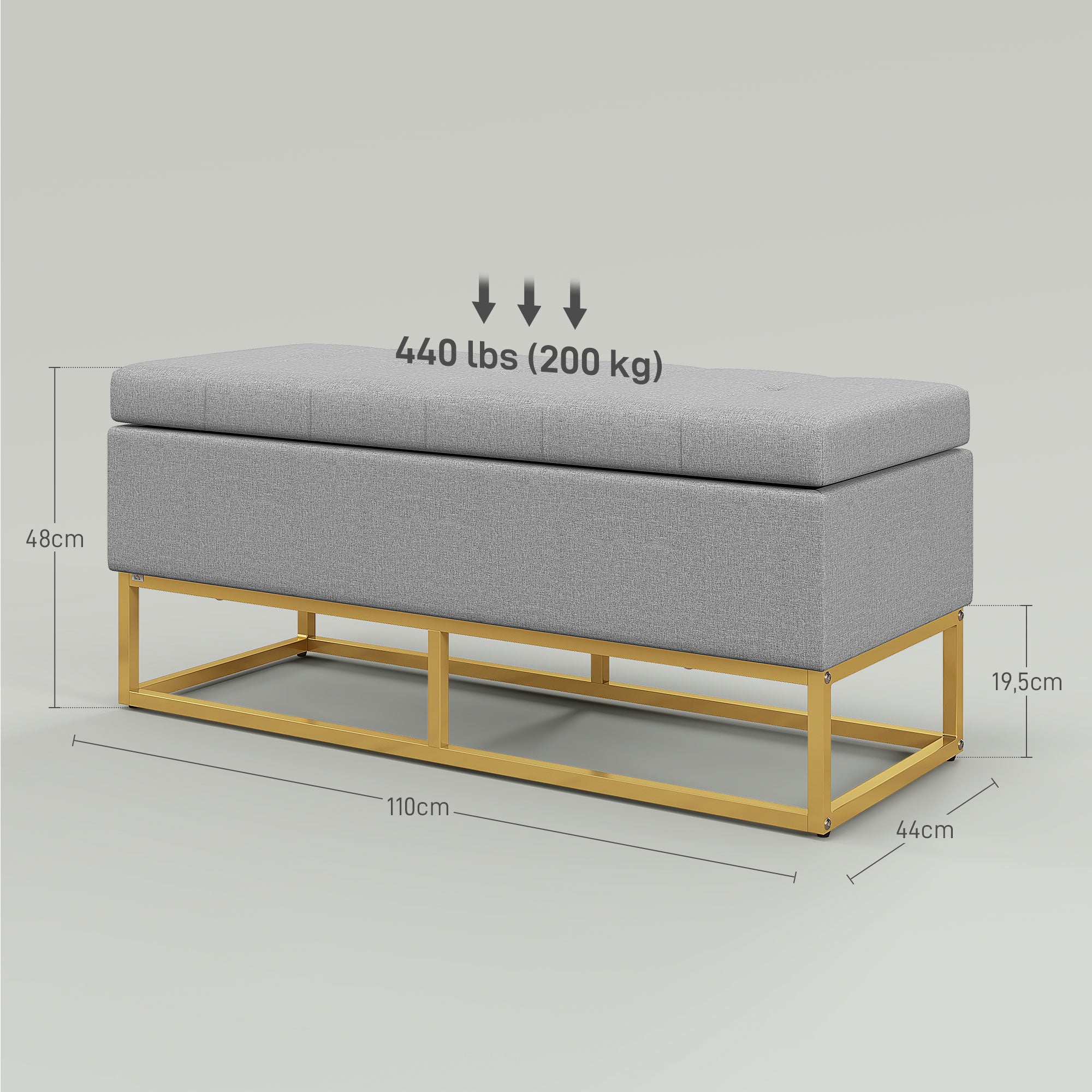 Storage Bench, Bed End, Storage Chest with Tufted Seat and Steel Legs, 110 x 44 x 48 cm, Gray and Gold