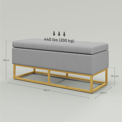 Storage Bench, Bed End, Storage Chest with Tufted Seat and Steel Legs, 110 x 44 x 48 cm, Gray and Gold