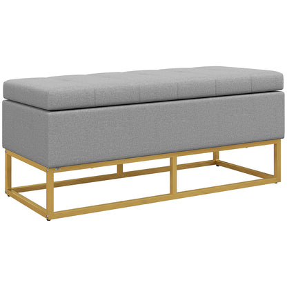 Storage Bench, Bed End, Storage Chest with Tufted Seat and Steel Legs, 110 x 44 x 48 cm, Gray and Gold