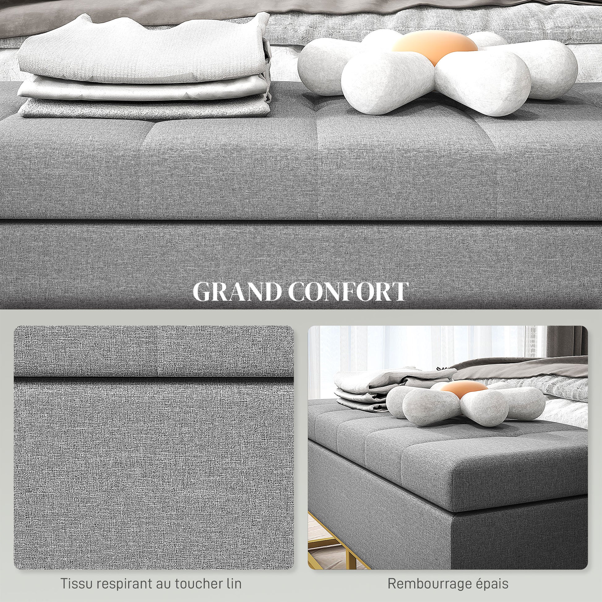 Storage Bench, Bed End, Storage Chest with Tufted Seat and Steel Legs, 110 x 44 x 48 cm, Gray and Gold