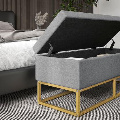 Storage Bench, Bed End, Storage Chest with Tufted Seat and Steel Legs, 110 x 44 x 48 cm, Gray and Gold