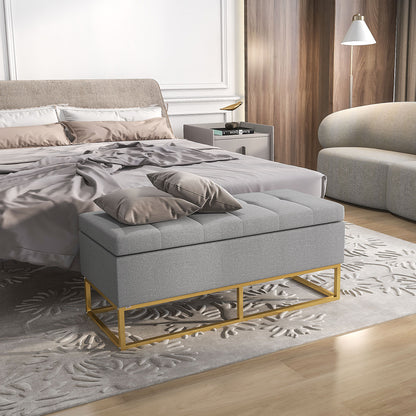 Storage Bench, Bed End, Storage Chest with Tufted Seat and Steel Legs, 110 x 44 x 48 cm, Gray and Gold
