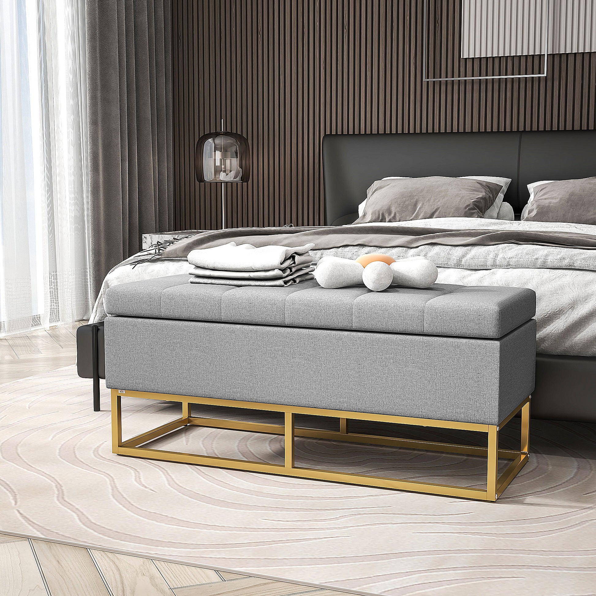 Storage Bench, Bed End, Storage Chest with Tufted Seat and Steel Legs, 110 x 44 x 48 cm, Gray and Gold
