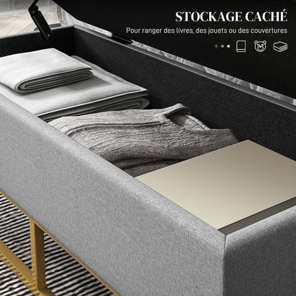 Storage Bench, Bed End, Storage Chest with Tufted Seat and Steel Legs, 110 x 44 x 48 cm, Gray and Gold