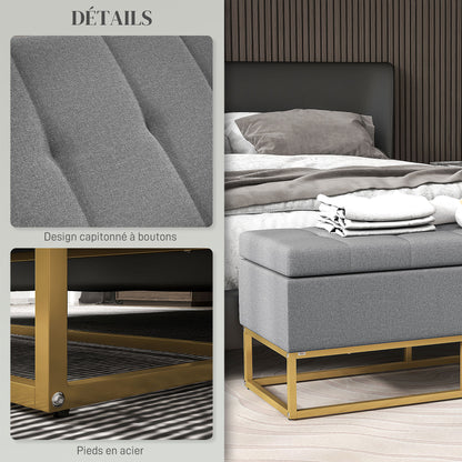Storage Bench, Bed End, Storage Chest with Tufted Seat and Steel Legs, 110 x 44 x 48 cm, Gray and Gold