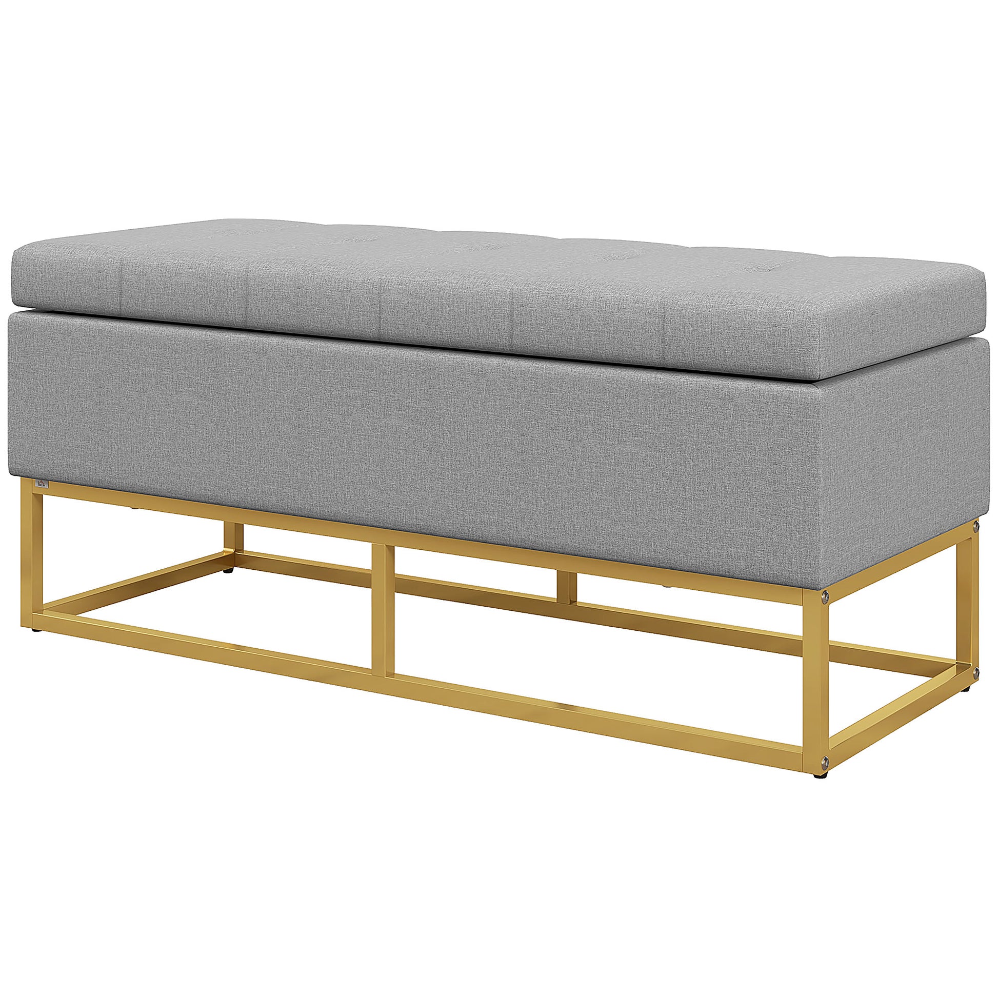 Storage Bench, Bed End, Storage Chest with Tufted Seat and Steel Legs, 110 x 44 x 48 cm, Gray and Gold
