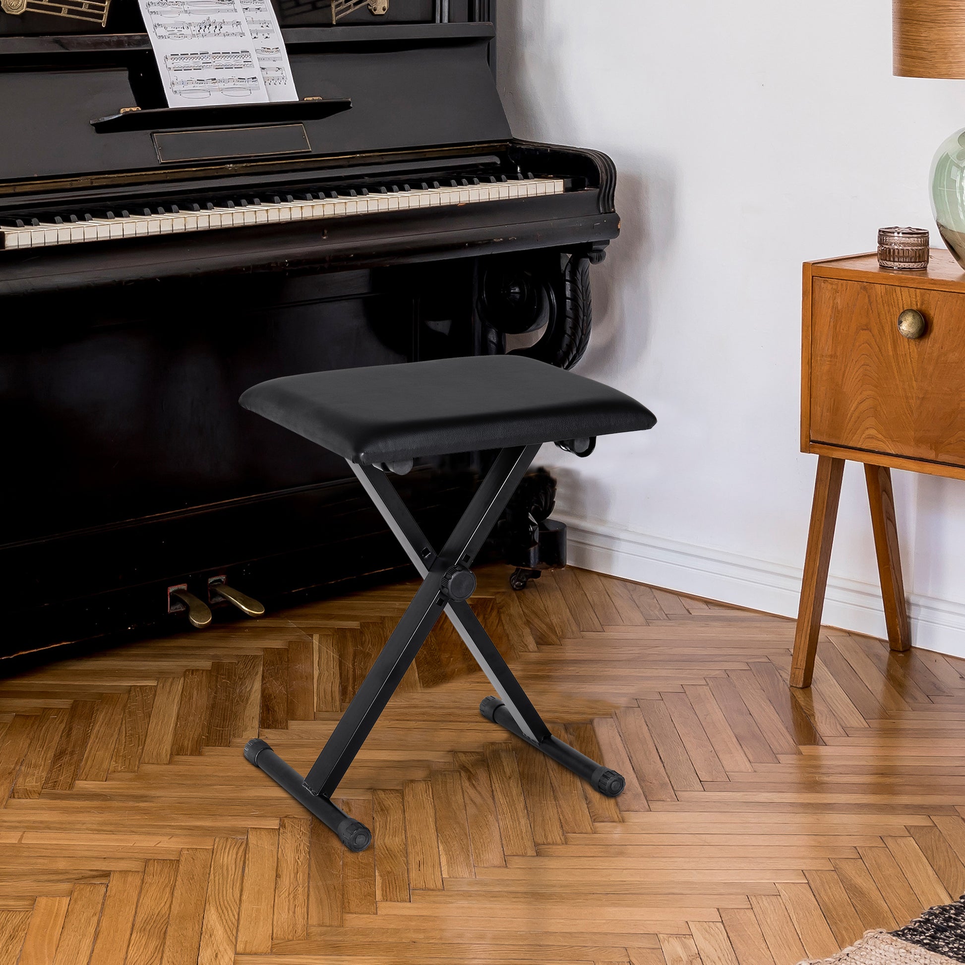 Piano Stool Piano Bench Makeup Stool Height Adjustable Folding Metal Faux Leather Foam Black 39 x 29 x 37-47 cm