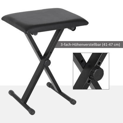 Piano Stool Piano Bench Makeup Stool Height Adjustable Folding Metal Faux Leather Foam Black 39 x 29 x 37-47 cm