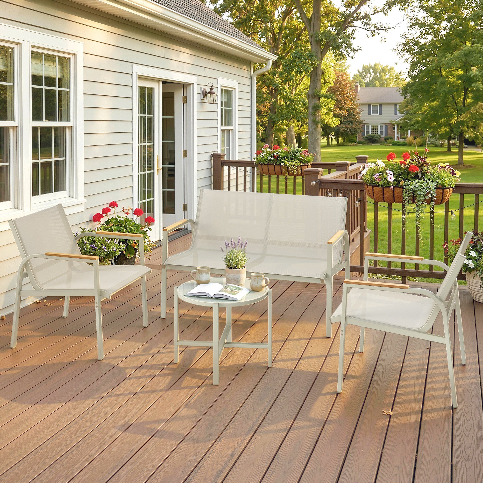 4-Piece Textilene Outdoor Patio Set — 2-Seat Sofa, 2 Armchairs & Tempered Glass Coffee Table, Green