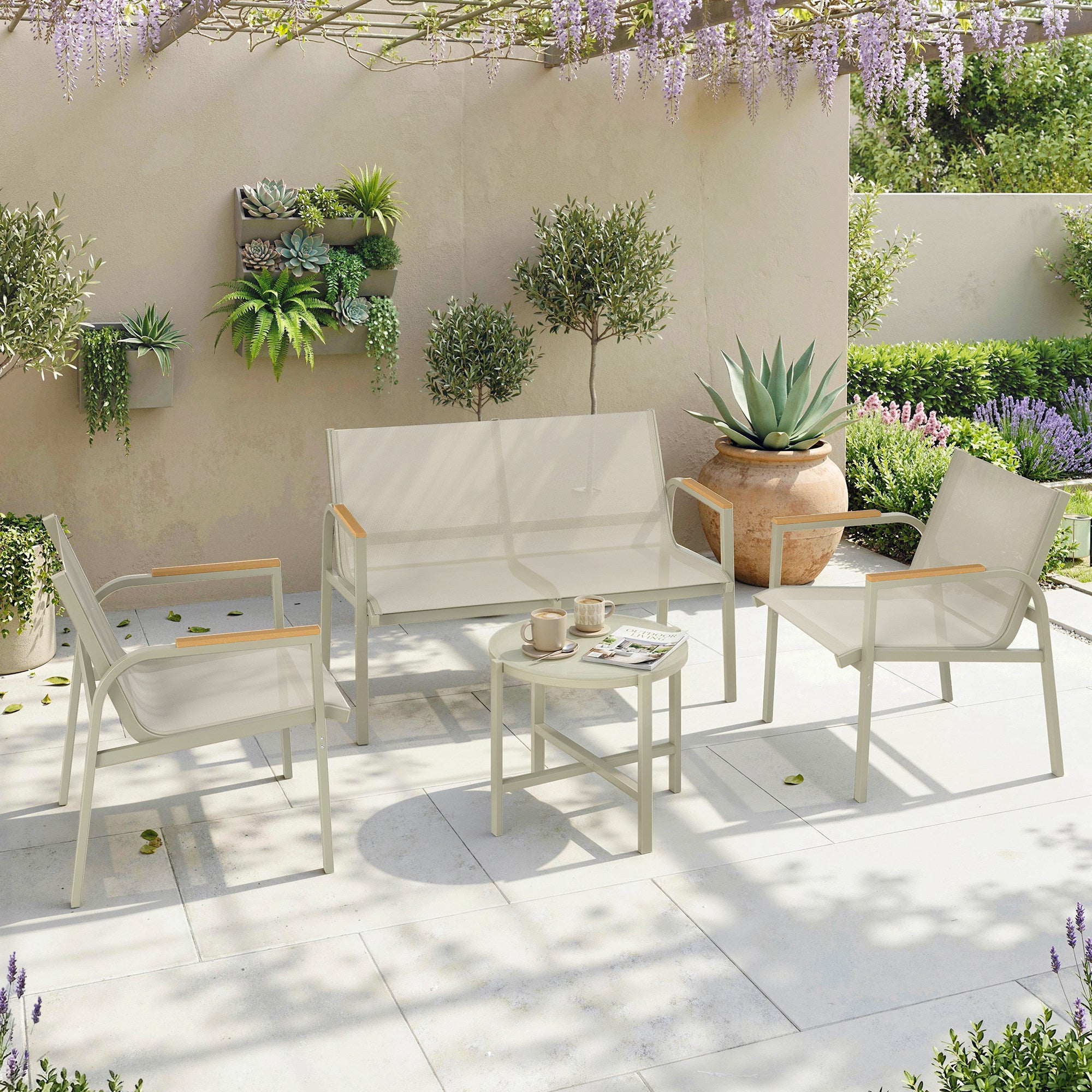 4-Piece Textilene Outdoor Patio Set — 2-Seat Sofa, 2 Armchairs & Tempered Glass Coffee Table, Green