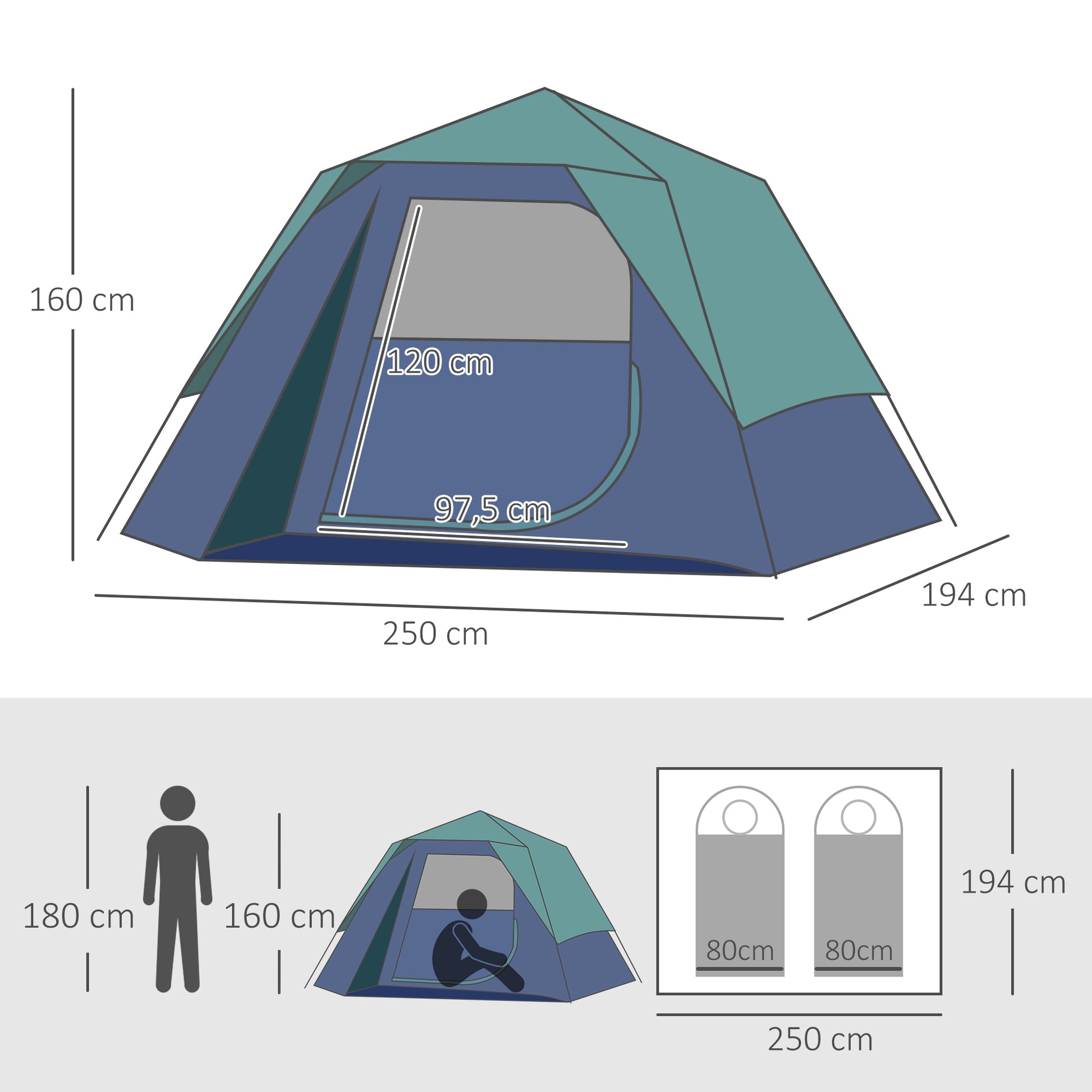 Pop-Up Tent for 2-3 People Waterproof Camping Tent 3000 mm Camping Tent with Pockets Windows and Carry Bag 98.4x76.4x63 inches Green