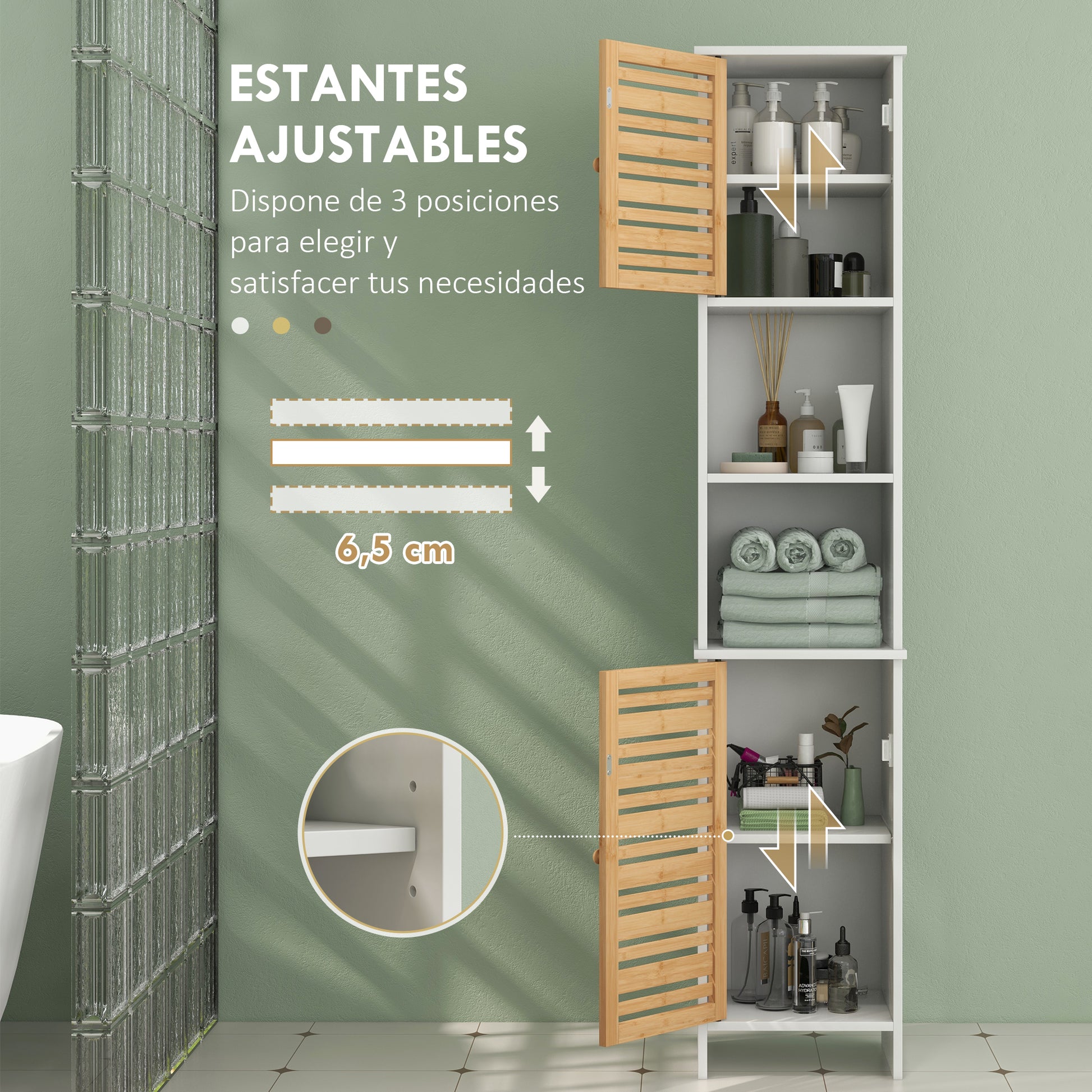 Modern Bathroom Column Tall Bathroom Cabinet with Adjustable Shelves and Anti-Tip Bamboo Door 35x30x170 cm White and Natural