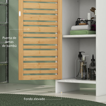 Modern Bathroom Column Tall Bathroom Cabinet with Adjustable Shelves and Anti-Tip Bamboo Door 35x30x170 cm White and Natural