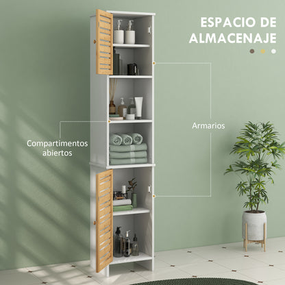 Modern Bathroom Column Tall Bathroom Cabinet with Adjustable Shelves and Anti-Tip Bamboo Door 35x30x170 cm White and Natural
