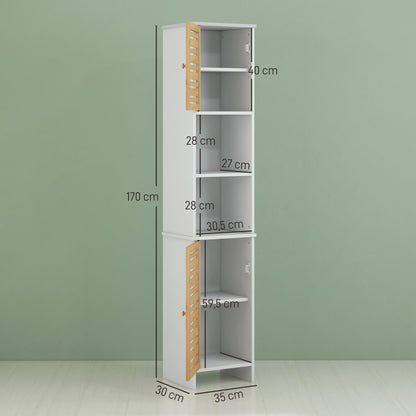 Modern Bathroom Column Tall Bathroom Cabinet with Adjustable Shelves and Anti-Tip Bamboo Door 35x30x170 cm White and Natural