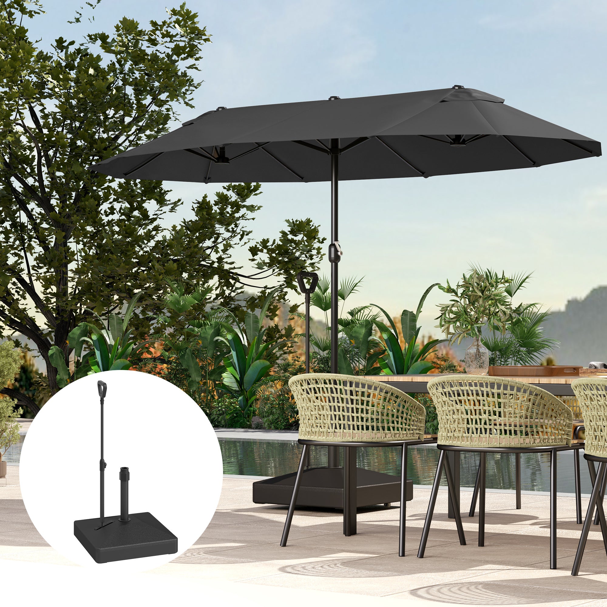 Square Umbrella Base with Wheels Parasol Stand with Adjustable Handle Fillable with 45L Water or 55kg Sand for Garden Terrace Black