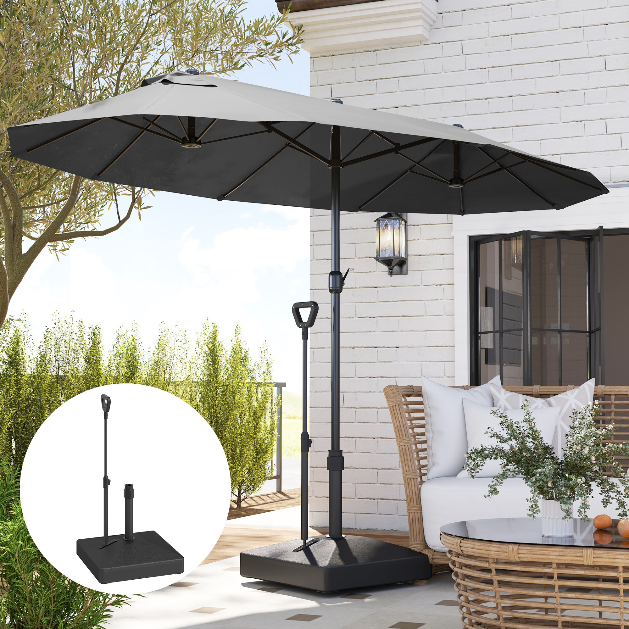 Square Umbrella Base with Wheels Parasol Stand with Adjustable Handle Fillable with 45L Water or 55kg Sand for Garden Terrace Black