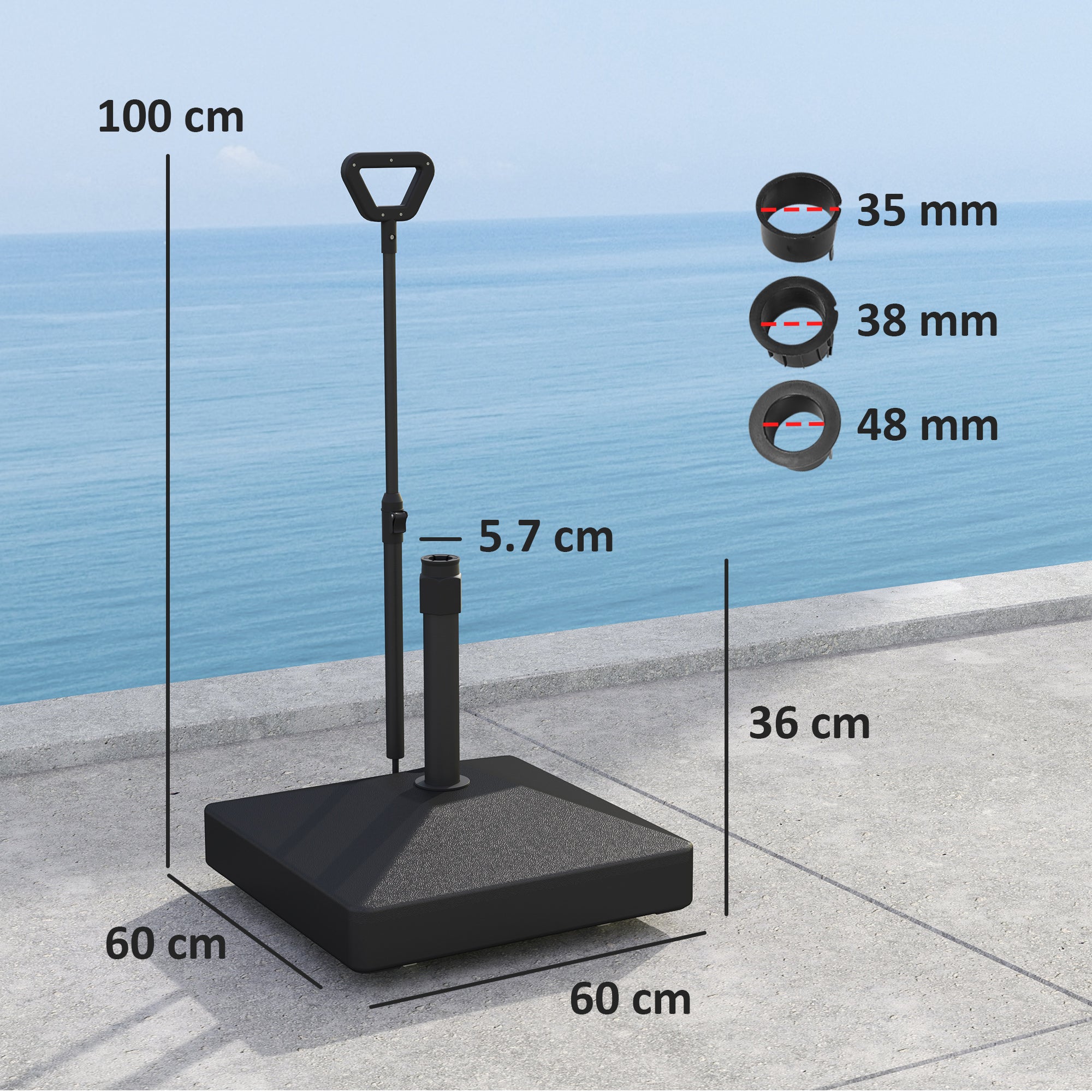 Square Umbrella Base with Wheels Parasol Stand with Adjustable Handle Fillable with 45L Water or 55kg Sand for Garden Terrace Black